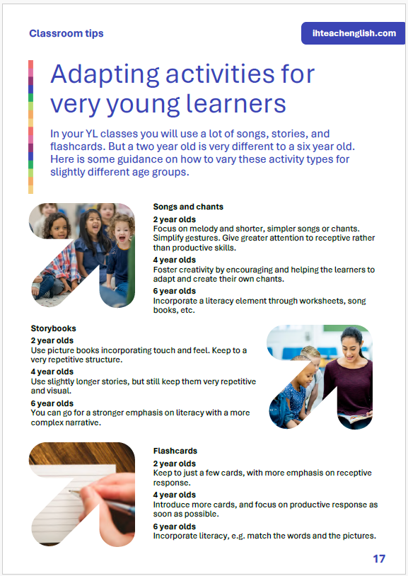 A page extract from the 'Trained by IH' e-book, titled 'Adapting activities for very young learners'. 
